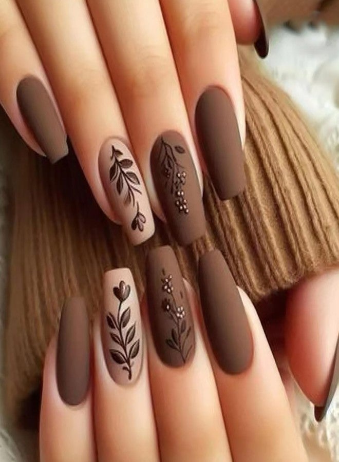 CJDLTS Brown Press on Nails Medium Matte Fake Nails Brown Flower Pattern Design Artificial Nails Solid Color Press Nails Full Cover Ballet Shaped Nails Acrylic Stick on Nails 24Pcs Glue on Nails for Women - Image 1